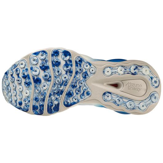 Bottom (outer sole) view of the Women's Wave Neo Ultra by Mizuno in the color White/Blue