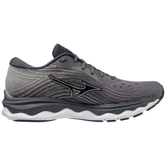 Lateral view of the Men's Mizuno Wave Sky 6 in the color Quiet Shade / Silver
