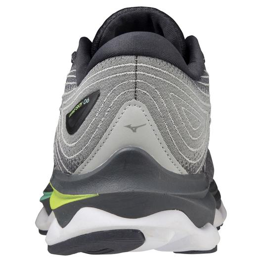 Back view of the Men's Mizuno Wave Sky 6 in the color Quiet Shade / Silver