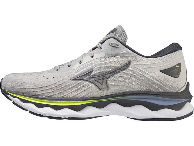 Medial view of the Women's Wave Sky 6 by Mizuno in the color Ultimate Grey