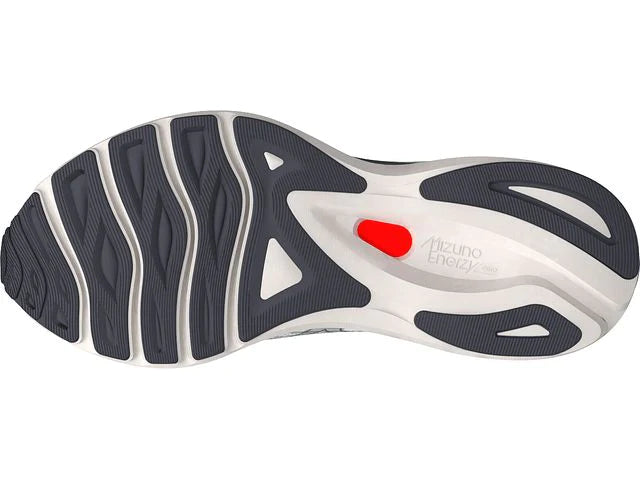 Bottom (outer sole) view of the Women's Wave Sky 6 by Mizuno in the color Ultimate Grey