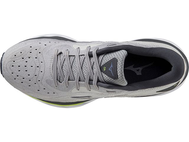 Top view of the Women's Wave Sky 6 by Mizuno in the color Ultimate Grey
