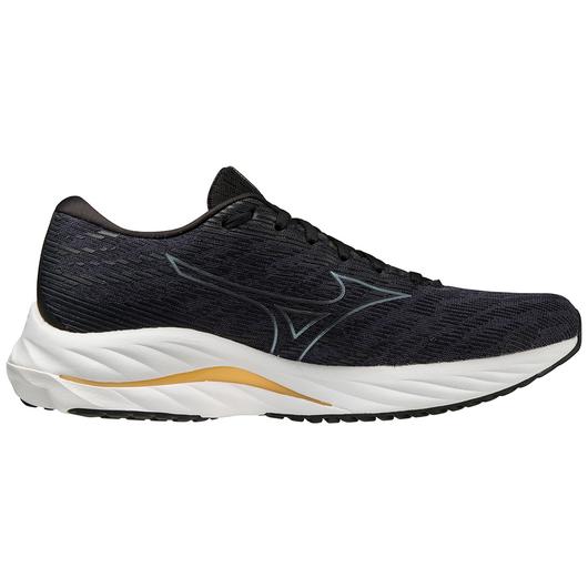 Lateral view of the Men's Wave Rider 26 by Mizuno in the color Odyssey Grey/Metallic Grey
