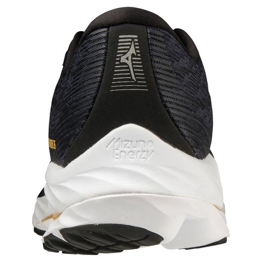Back view of the Men's Wave Rider 26 by Mizuno in the color Odyssey Grey/Metallic Grey