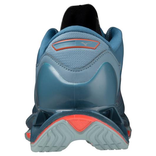Back view of the Men's Wave Prophecy 12 by Mizuno in the color Forget Me Not / Soleil