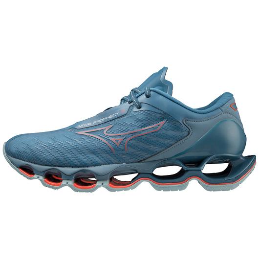 Medial view of the Men's Wave Prophecy 12 by Mizuno in the color Forget Me Not / Soleil