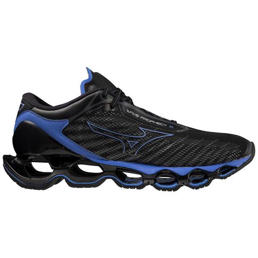 Lateral view of the Men's Wave Prophecy 12 by Mizuno in the color Black Oyster/Blue Ashes