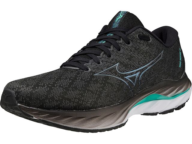 Front angled view of the Men's Mizuno Wave Inspire 19 in the color Black / Metallic Grey