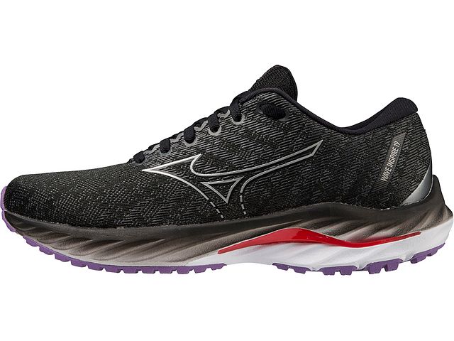 Medial view of the Women's Wave Inspire 19 by Mizuno in the color Black / Silver