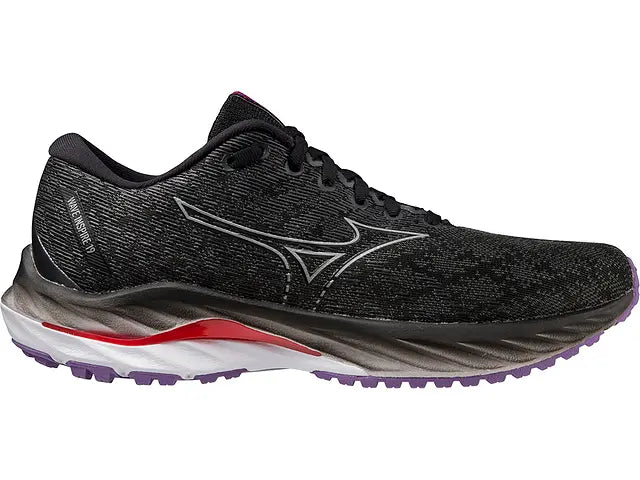 Lateral view of the Women's Wave Inspire 19 by Mizuno in the color Black / Silver
