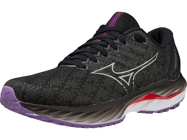Front angled view of the Women's Wave Inspire 19 by Mizuno in the color Black / Silver