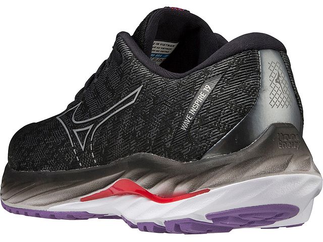 Back angled view of the Women's Wave Inspire 19 by Mizuno in the color Black / Silver
