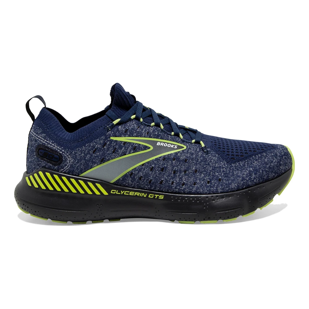 Lateral view of the Men's Glycerin Stealthfit GTS 20 by BROOKS in the color Blue/Ebony/Lime