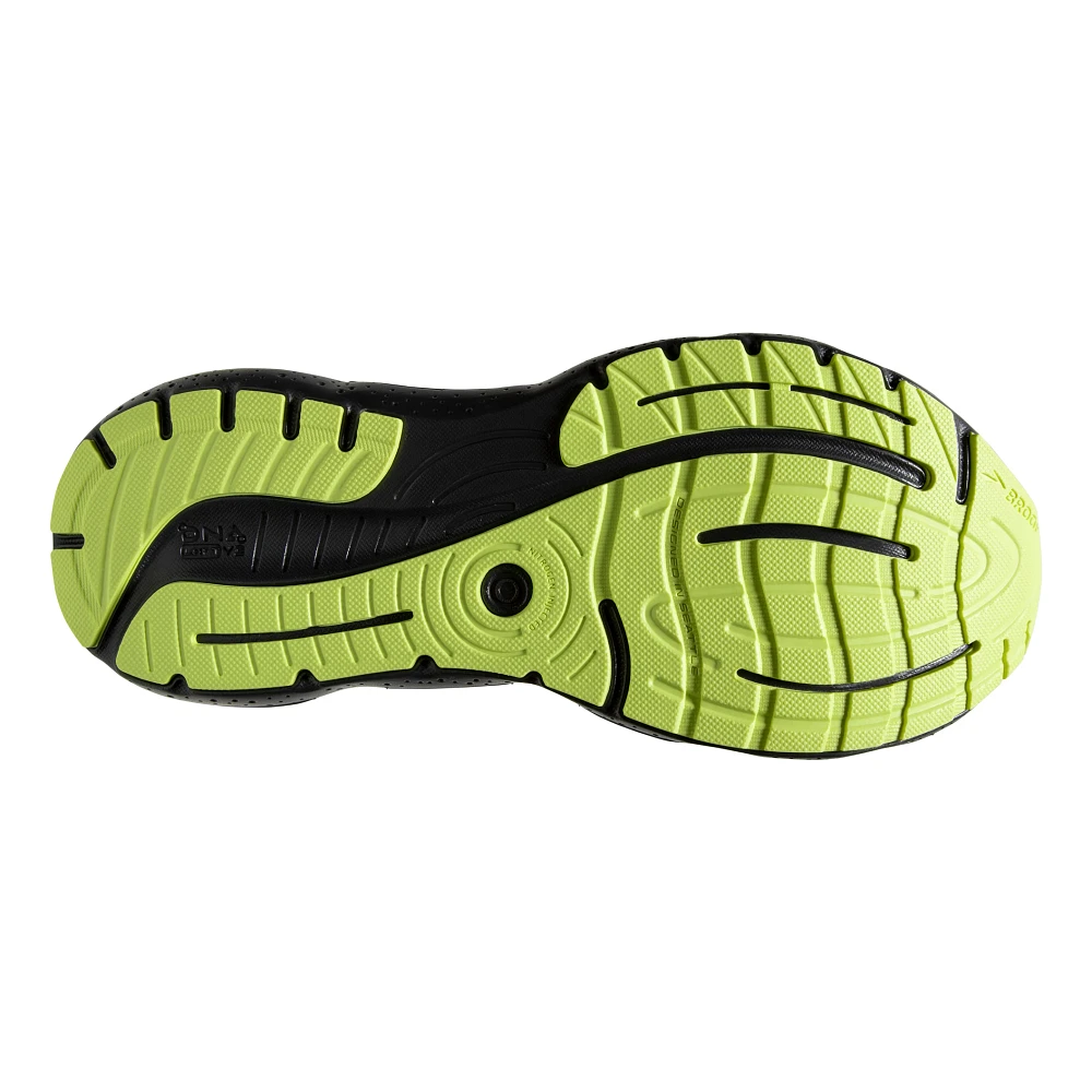 Bottom (outer sole) view of the Men's Glycerin Stealthfit GTS 20 by BROOKS in the color Blue/Ebony/Lime
