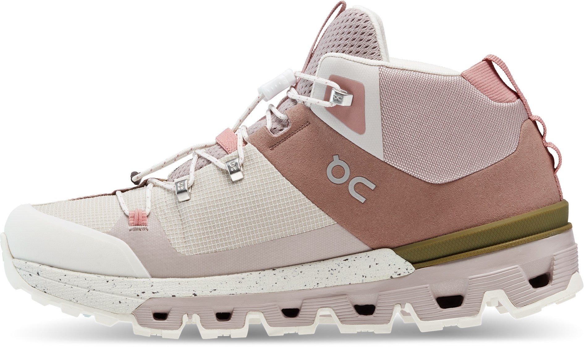 Medial view of the Women's Cloudtrax hiking boot by ON in the color Rose/Ivory