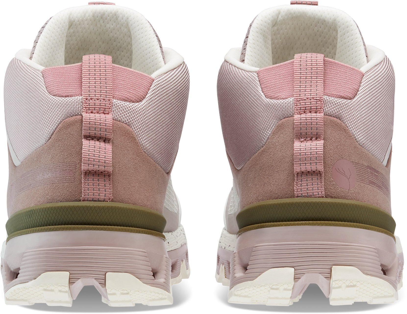 Back view of the Women's Cloudtrax hiking boot by ON in the color Rose/Ivory