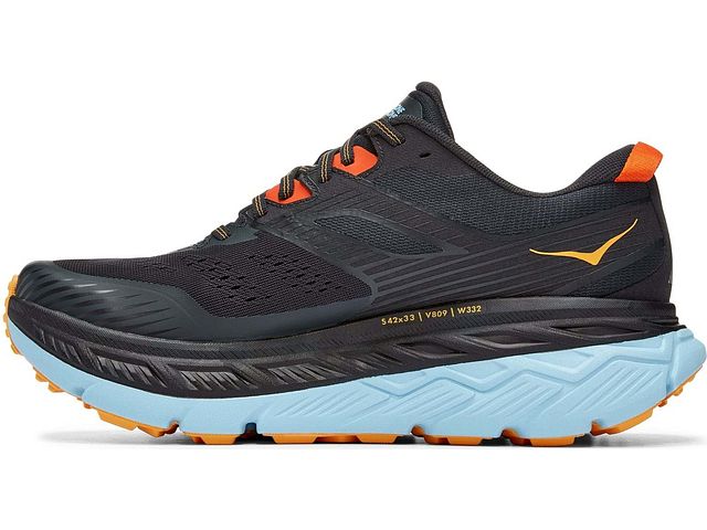Medial view of the Men's Stinson (All Terrain) shoe by HOKA in the color Blue Graphite / Summer Song
