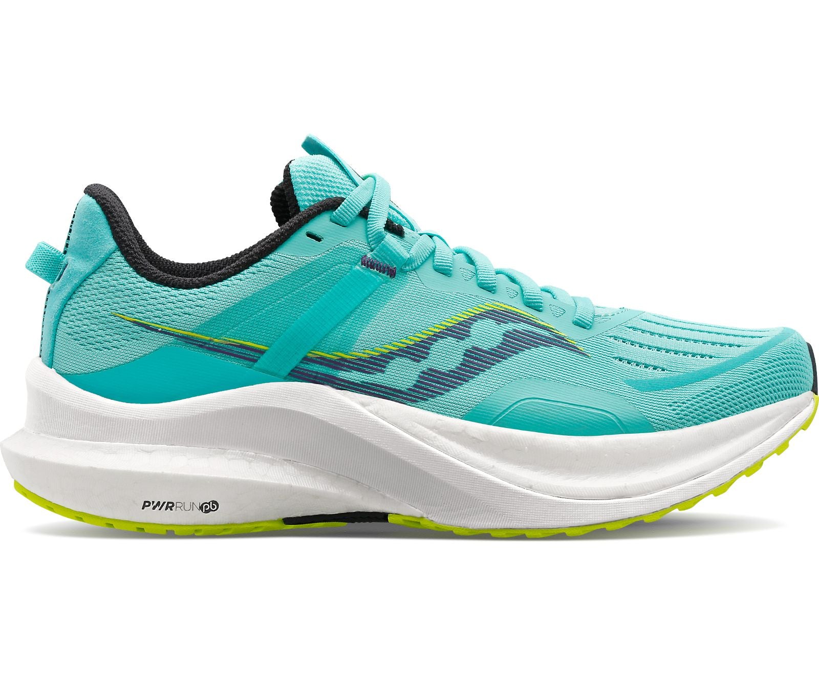 Lateral view of the Women's Tempus by Saucony in the color Cool Mint/Acid