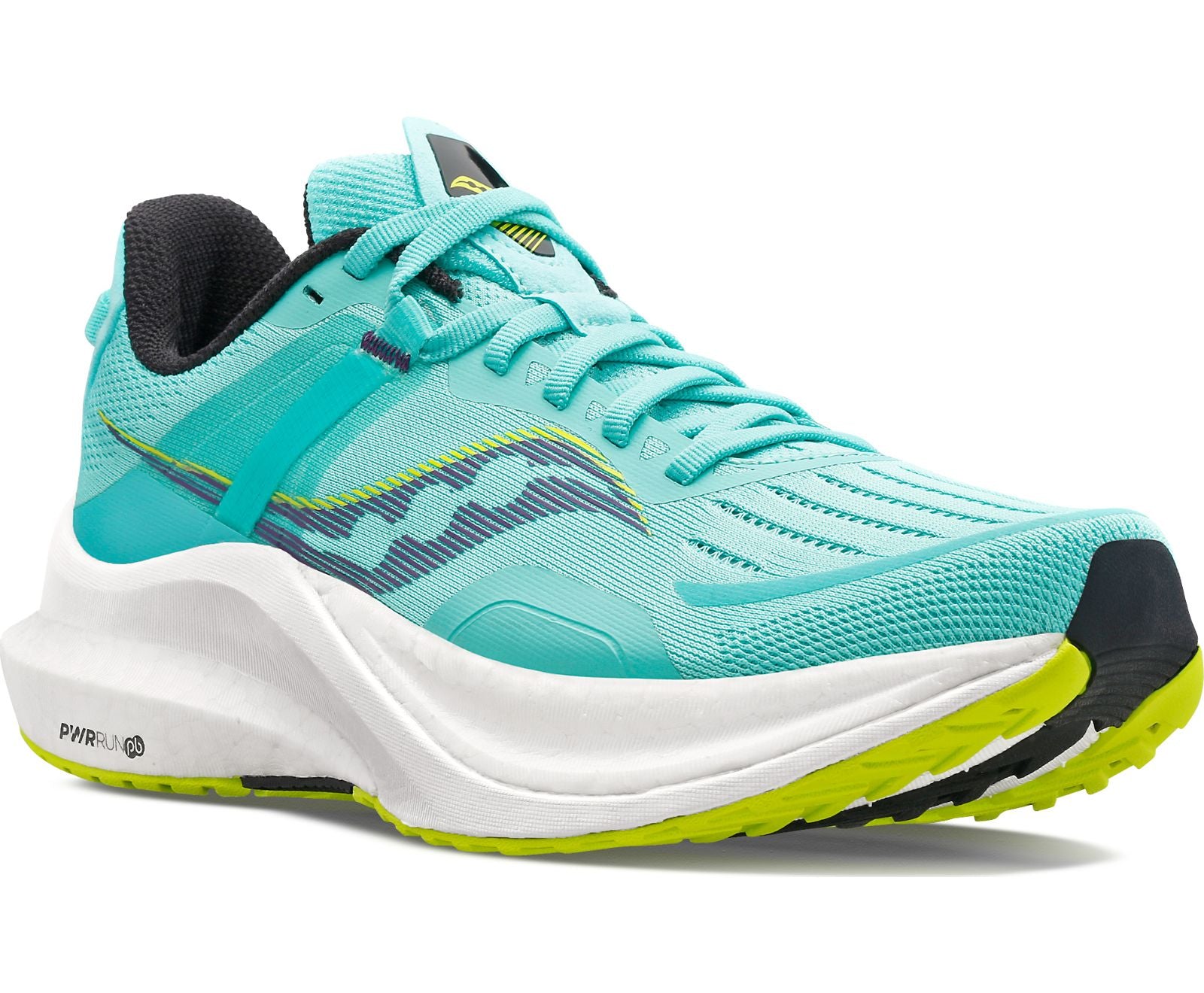 Front angle view of the Women's Tempus by Saucony in the color Cool Mint/Acid