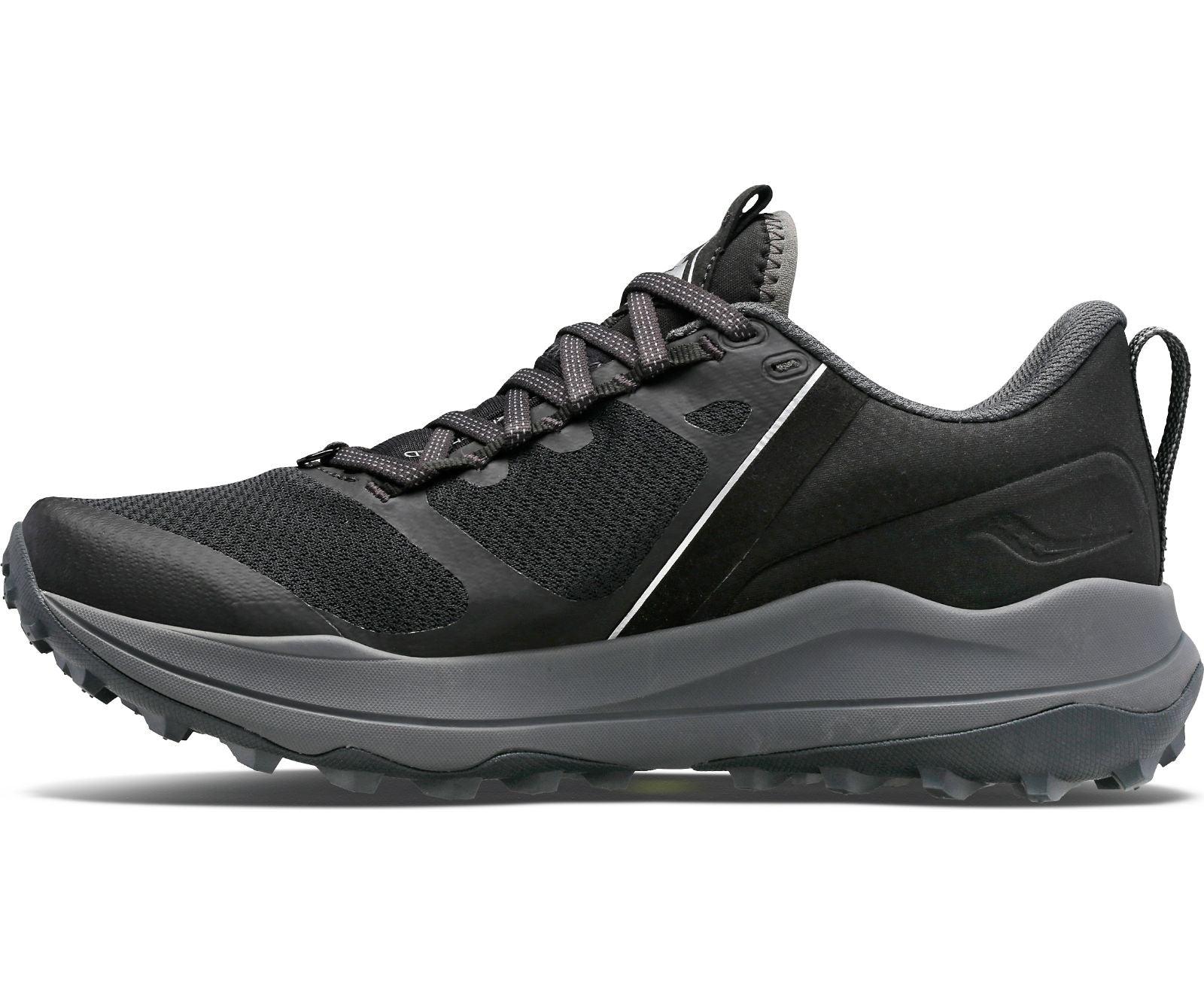 Medial view of the Women's Xodus Ultra trail shoe by Saucony in the color Black/Charcoal