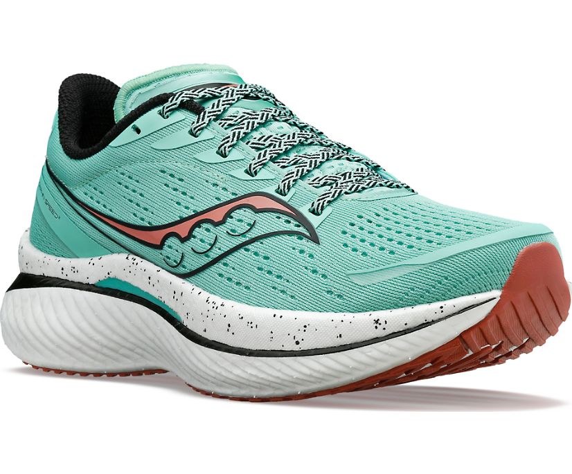 Front angle view of the Women's Endorphin Speed 3 by Saucony in the color Sprig/Black
