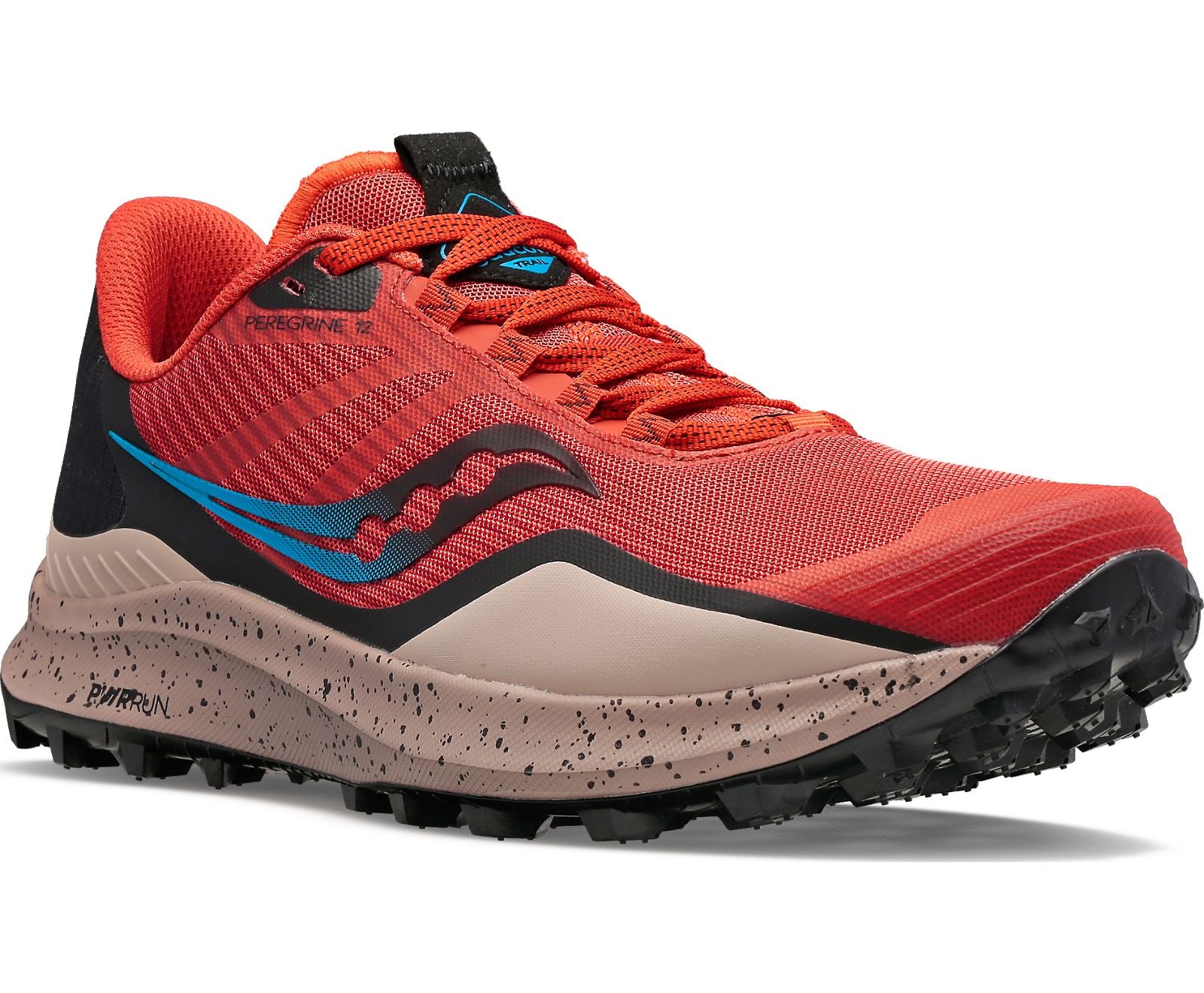 Front angle view of the Men's Peregrine 12 trail shoe by Saucony in the color Clay/Loam