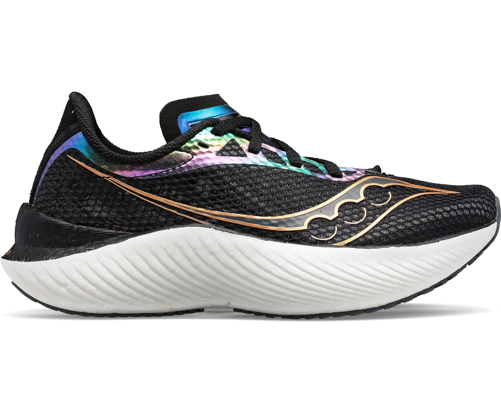 Lateral view of the Men's Endorphin Pro 3 by Saucony in the color Black/Goldstruck