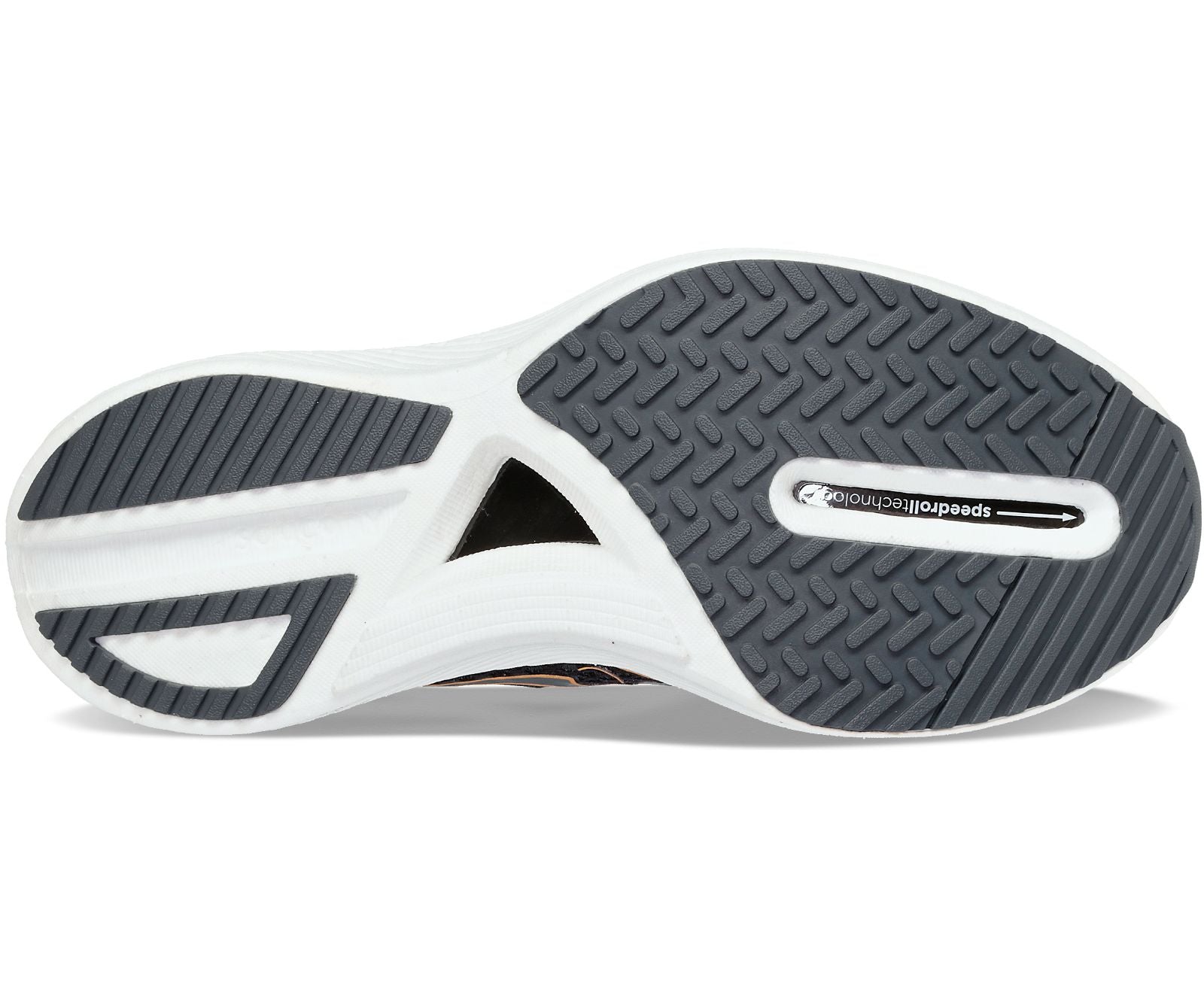 Bottom (outer sole) view of the Men's Endorphin Pro 3 by Saucony in the color Black/Goldstruck