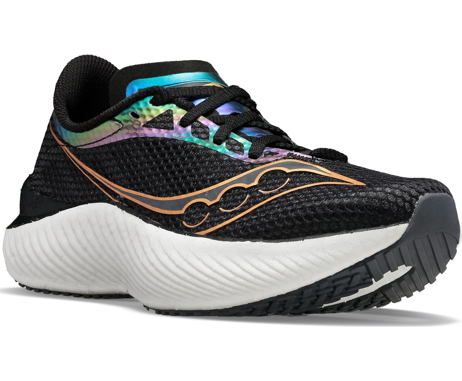 Front angle view of the Men's Endorphin Pro 3 by Saucony in the color Black/Goldstruck