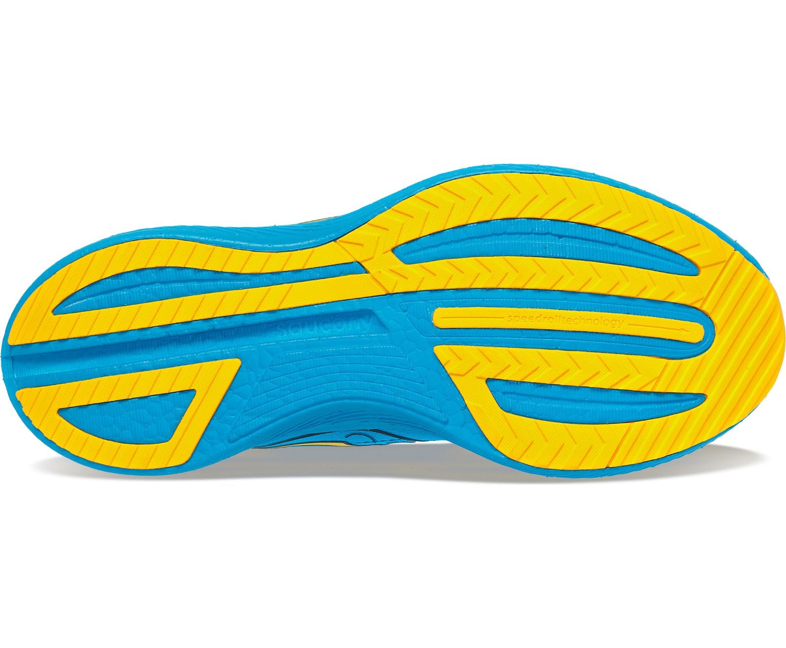 Bottom (outer sole) view of the Men's Saucony Endorphin Speed 3 in the color ocean/vizigold