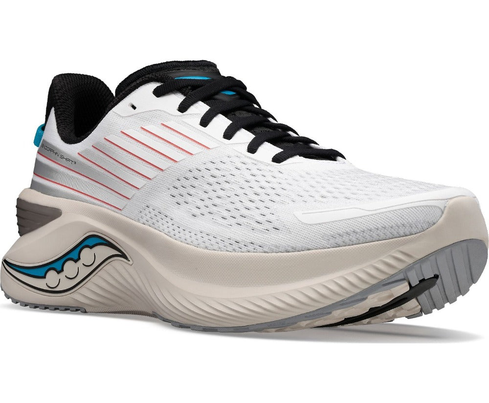 Front angle view of the Men's Endorphin Shift 3 by Saucony in the color White/Sand
