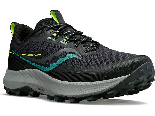 Front angle view of the Men's Peregrine 13 trail shoe by Saucony in the color Wood/Fossil