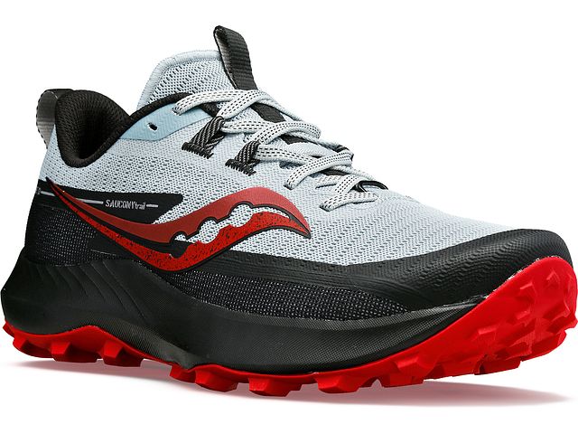 Front angle view of the Men's Peregrine 13 trail shoe by Saucony in the color Vapor/Poppy