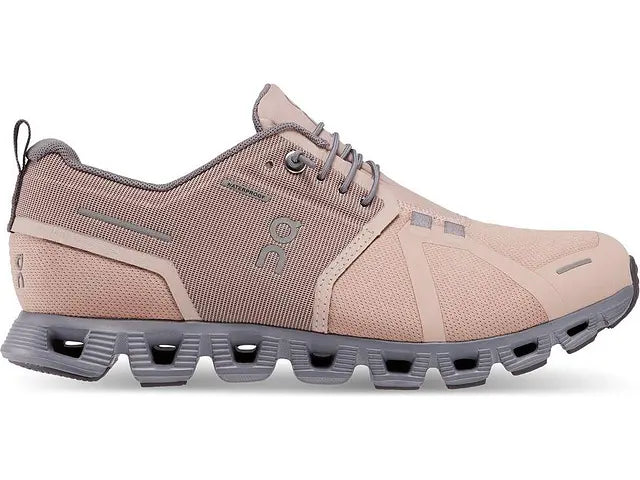 Lateral view of the Women's Cloud 5 Waterproof by On in the color Rose/Fossil