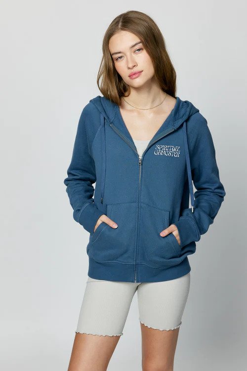front view of womens raglan zip hoodie