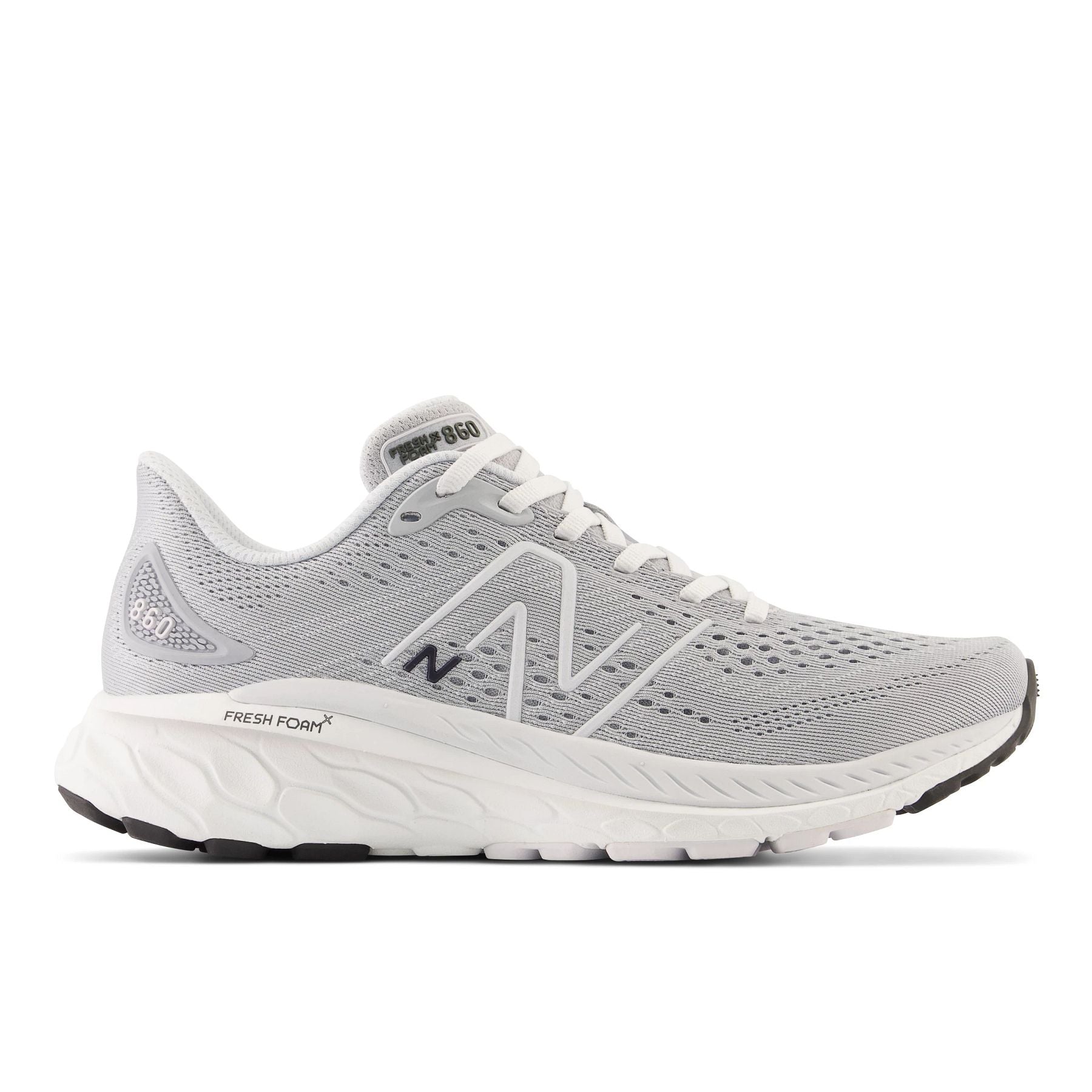 Lateral view of the Women's 860 V13 by New Balance in the color Aluminum