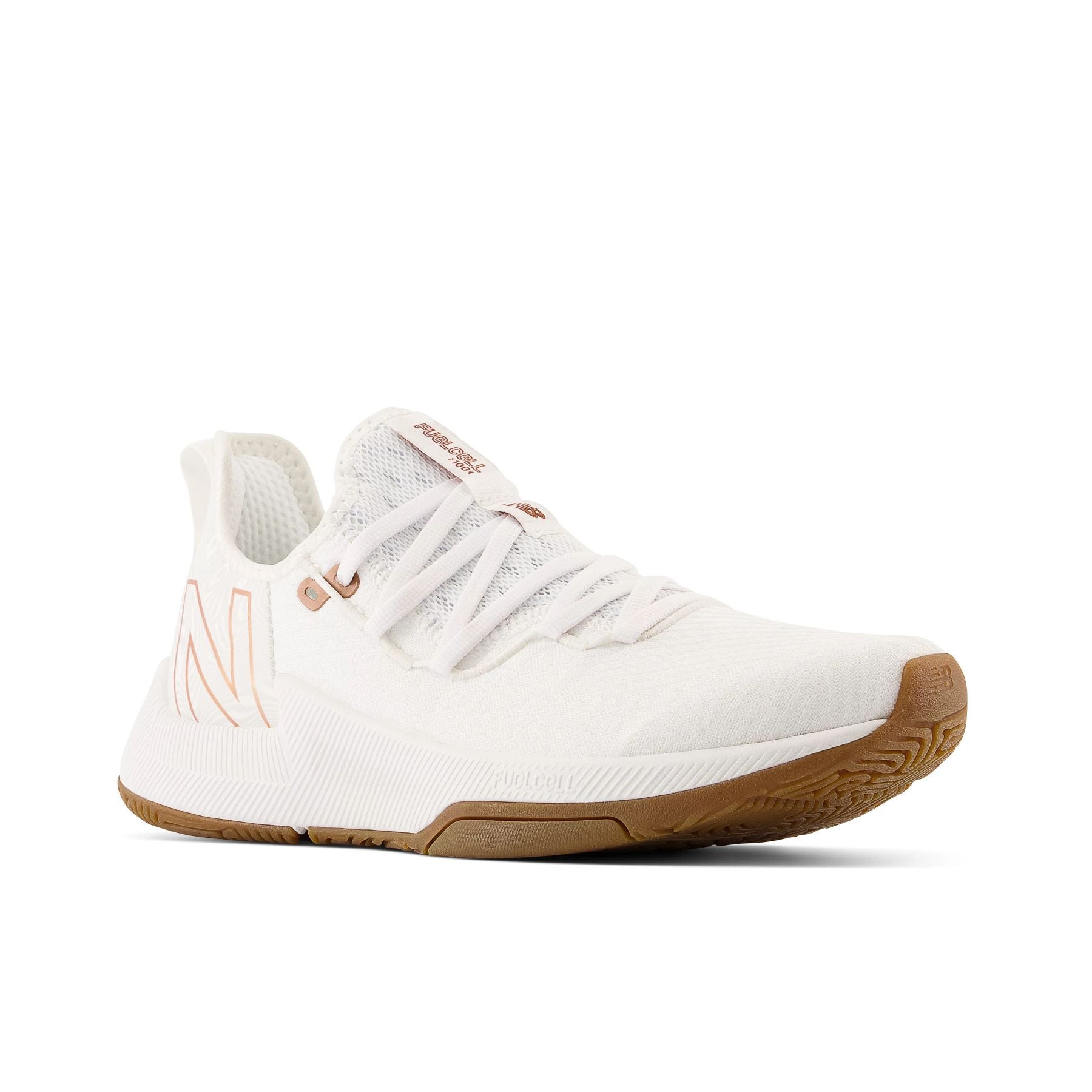 Front angle view of the Women's FuelCell 100 cross trainer by New Balance in the color White/White