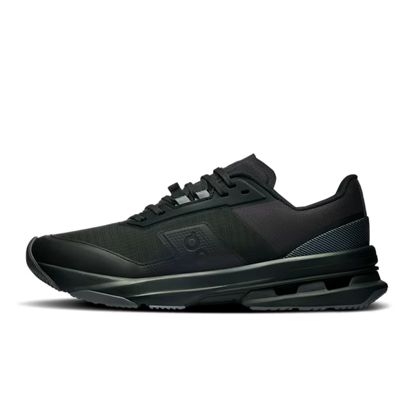 A black athletic sneaker shown from a side profile view against a solid white background.