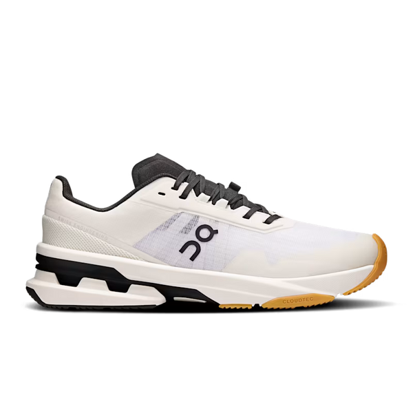 White running shoe with black and brown accents on a white background