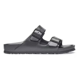 This Arizona Birkenstock sandal has a monochromatic look with a metallic black upper and midsole. 