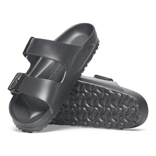 The outsole of this shoe is black and has a geometric pattern. Birkenstock is stamped into the upper on the medial side. 