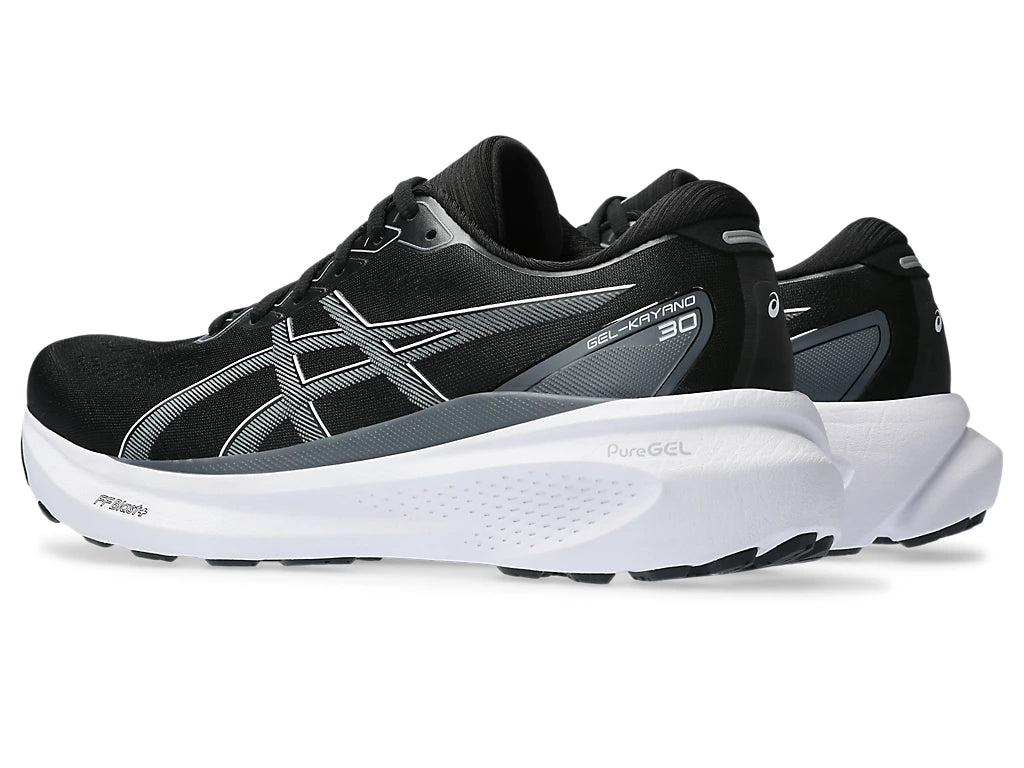Back angle view of the Men's Kayano 30 in the wide 2E width, color Black/Sheet Rock