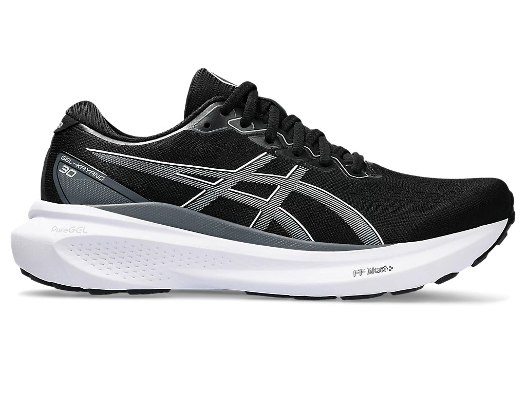 Lateral view of the Men's Kayano 30 in the wide 2E width, color Black/Sheet Rock