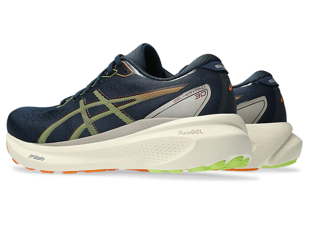 Back angle view of the Men's Kayano 30 by ASICS in the color French Blue/Neon Lime