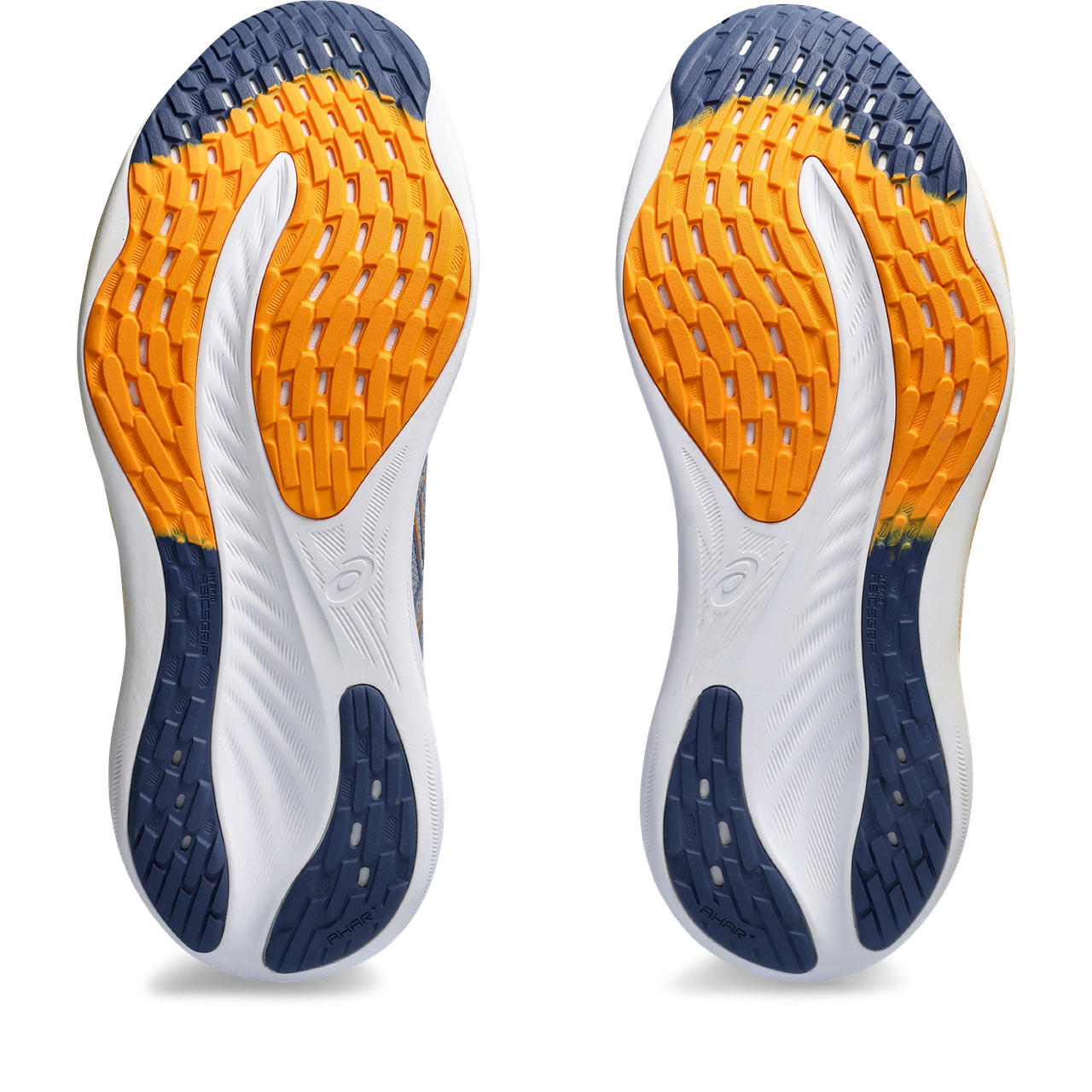 The outsole of the Sheet Rock Nimbus 26 is orange under the forefoot adn blue in the heel and forefoot