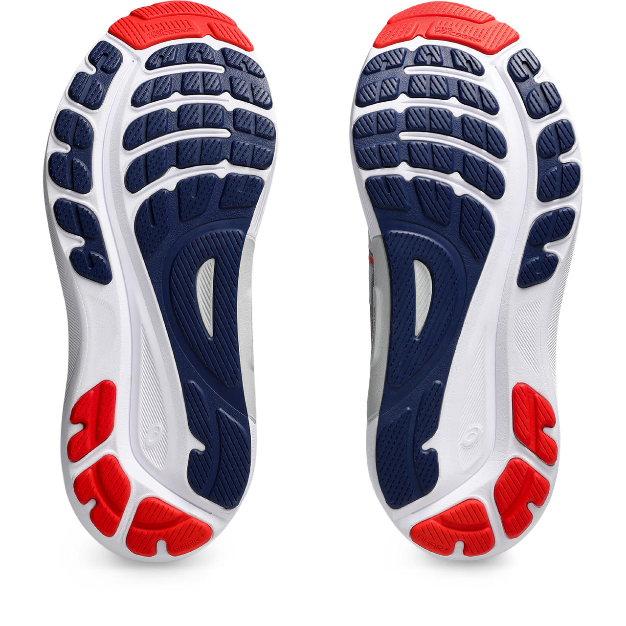 The outsole of thie men's kayano 31 has red pods in the highest wear areas and a blue  in others