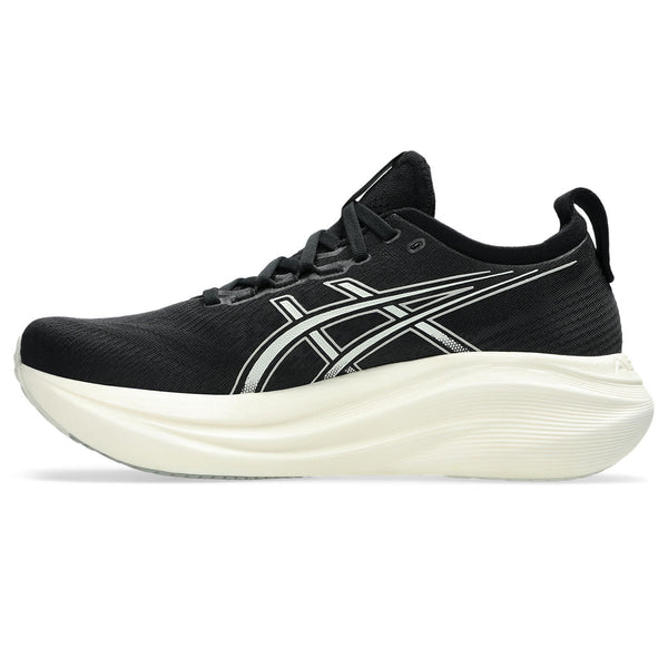 This shoe has a black upper and a white midsole. 