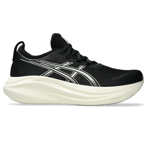 This shoe features a black upper with a grey Asics logo across the lateral side.