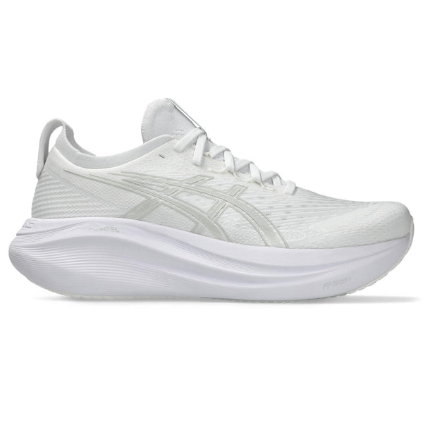 Men's Nimbus 27 white running shoe on a white background.