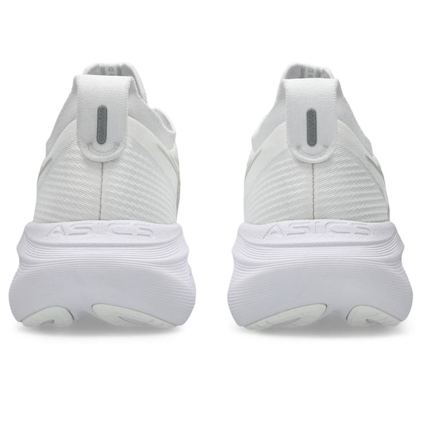White running shoes with ASICS branding on a white background.
